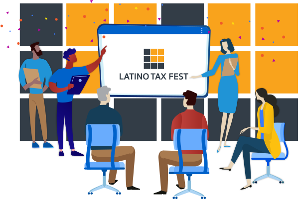 Illustration of people attending a presentation at Latino Tax Fest